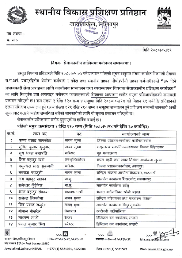 Nominated name list of assistant level personals for In-Service Training on seniority based.